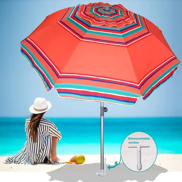Alt view image 5 of 7 - 7ft Heavy Duty HIGH Wind Beach Umbrella with sand anchor Vent Tilt Sun Shelter, UV 50+ Protection Portable Outdoor Sunshade Umbrellas Carry Bag for Patio Garden Pool Backyard Rust Red