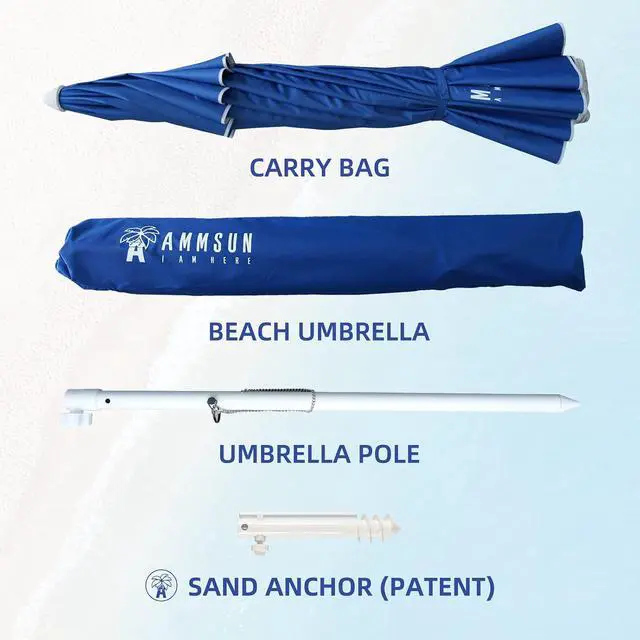 Alt view image 7 of 7 - 8 Feet Large Beach Umbrella with Sand Anchor Heavy Duty High Wind Portable Outdoor Umbrellas UV 50+ Protection Air Vent Tilt Patio Garden Pool