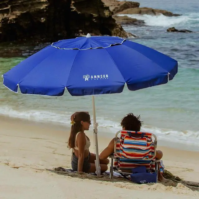 Alt view image 5 of 7 - 8 Feet Large Beach Umbrella with Sand Anchor Heavy Duty High Wind Portable Outdoor Umbrellas UV 50+ Protection Air Vent Tilt Patio Garden Pool