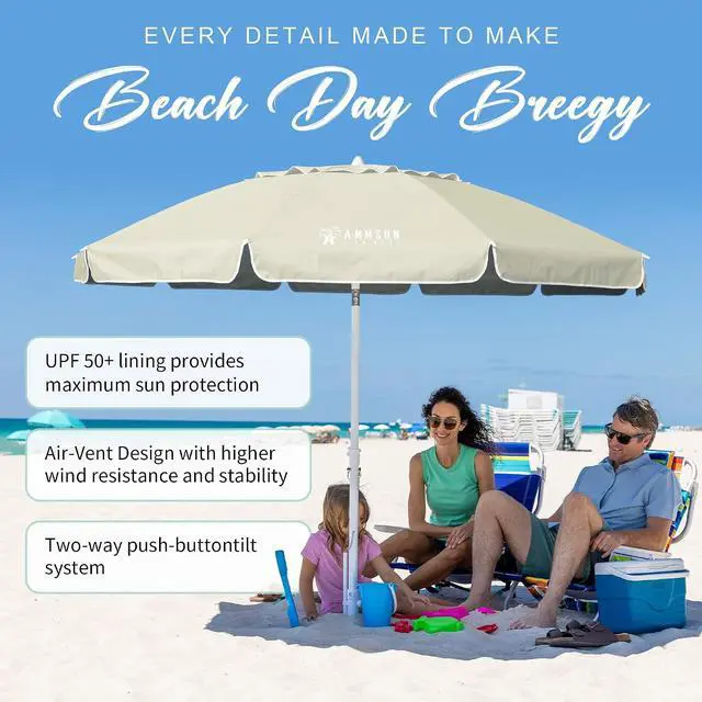 Alt view image 3 of 6 - 8 Feet Large Beach Umbrella with Sand Anchor Heavy Duty High Wind Portable Outdoor Umbrellas UV 50+ Protection Air Vent Tilt Patio Garden Pool