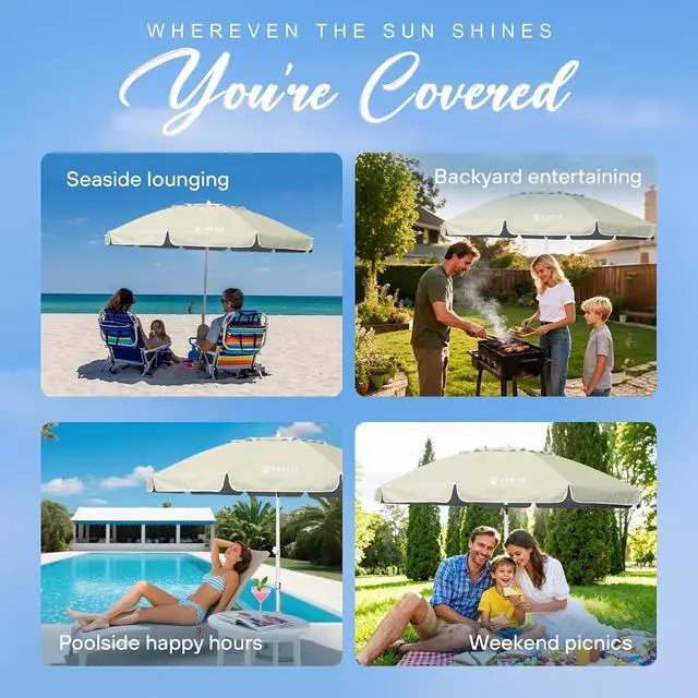 Alt view image 5 of 6 - 8 Feet Large Beach Umbrella with Sand Anchor Heavy Duty High Wind Portable Outdoor Umbrellas UV 50+ Protection Air Vent Tilt Patio Garden Pool