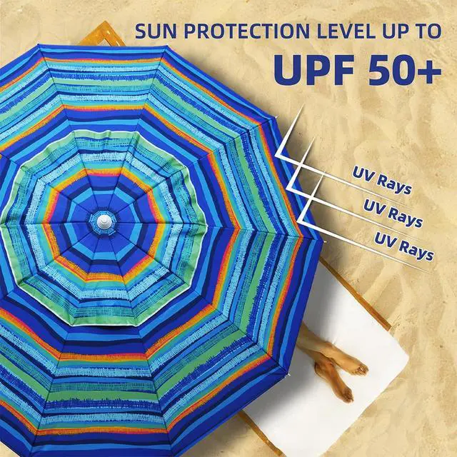 Alt view image 2 of 6 - 8 Feet Large Beach Umbrella with Sand Anchor Heavy Duty High Wind Portable Outdoor Umbrellas UV 50+ Protection Air Vent Tilt Patio Garden Pool