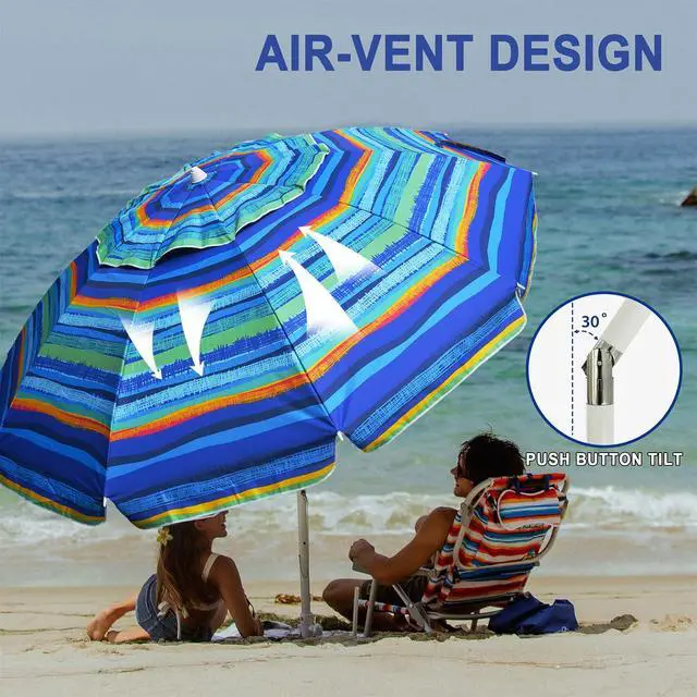 Alt view image 3 of 6 - 8 Feet Large Beach Umbrella with Sand Anchor Heavy Duty High Wind Portable Outdoor Umbrellas UV 50+ Protection Air Vent Tilt Patio Garden Pool