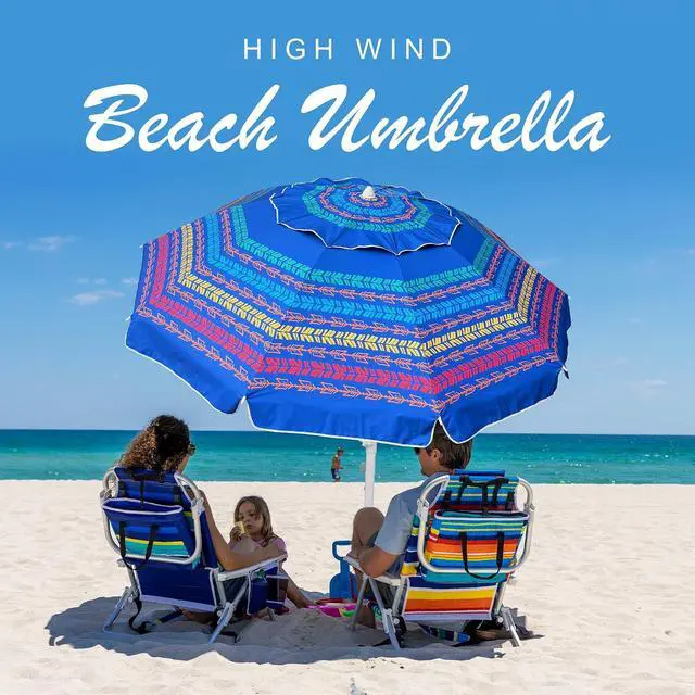 Alt view image 2 of 6 - 8 Feet Large Beach Umbrella with Sand Anchor Heavy Duty High Wind Portable Outdoor Umbrellas UV 50+ Protection Air Vent Tilt Patio Garden Pool