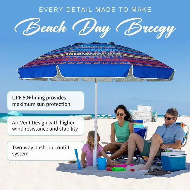 Alt view image 3 of 6 - 8 Feet Large Beach Umbrella with Sand Anchor Heavy Duty High Wind Portable Outdoor Umbrellas UV 50+ Protection Air Vent Tilt Patio Garden Pool