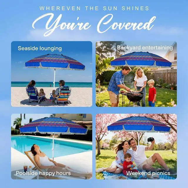 Alt view image 5 of 6 - 8 Feet Large Beach Umbrella with Sand Anchor Heavy Duty High Wind Portable Outdoor Umbrellas UV 50+ Protection Air Vent Tilt Patio Garden Pool