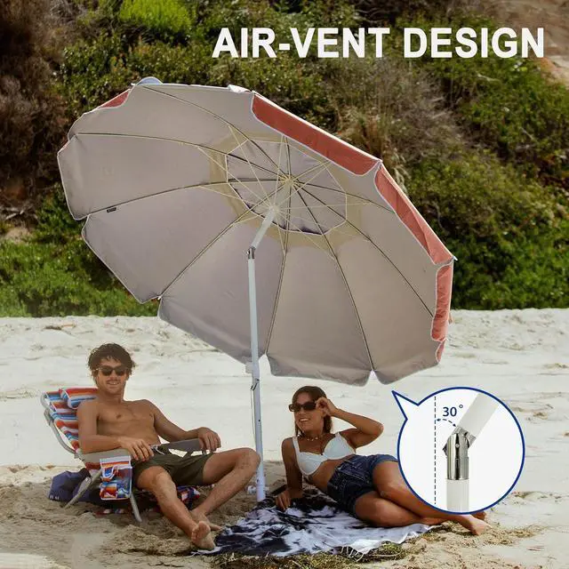 Alt view image 4 of 6 - 8 Feet Large Beach Umbrella with Sand Anchor Heavy Duty High Wind Portable Outdoor Umbrellas UV 50+ Protection Air Vent Tilt Patio Garden Pool