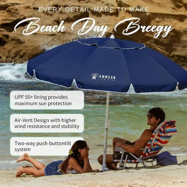 Alt view image 3 of 6 - 8 Feet Large Beach Umbrella with Sand Anchor Heavy Duty High Wind Portable Outdoor Umbrellas UV 50+ Protection Air Vent Tilt Patio Garden Pool