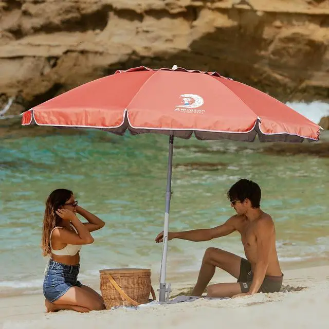 Alt view image 3 of 6 - 8 Feet Large Beach Umbrella with Sand Anchor Heavy Duty High Wind Portable Outdoor Umbrellas UV 50+ Protection Air Vent Tilt Patio Garden Pool