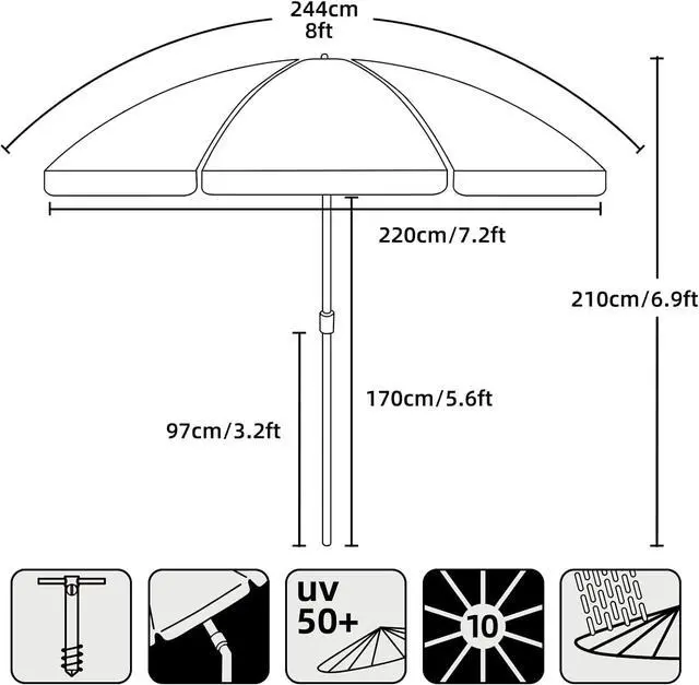 Alt view image 6 of 6 - 8 Feet Large Beach Umbrella with Sand Anchor Heavy Duty High Wind Portable Outdoor Umbrellas UV 50+ Protection Air Vent Tilt Patio Garden Pool