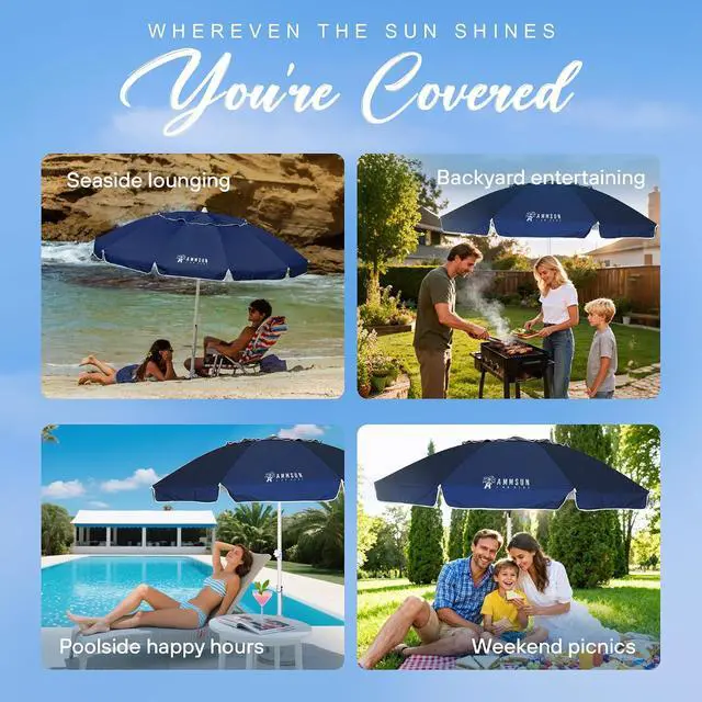 Alt view image 5 of 6 - 8 Feet Large Beach Umbrella with Sand Anchor Heavy Duty High Wind Portable Outdoor Umbrellas UV 50+ Protection Air Vent Tilt Patio Garden Pool