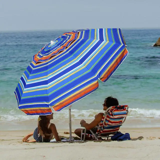 Alt view image 2 of 6 - 8 Feet Large Beach Umbrella with Sand Anchor Heavy Duty High Wind Portable Outdoor Umbrellas UV 50+ Protection Air Vent Tilt Patio Garden Pool