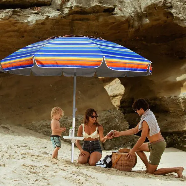 Alt view image 3 of 6 - 8 Feet Large Beach Umbrella with Sand Anchor Heavy Duty High Wind Portable Outdoor Umbrellas UV 50+ Protection Air Vent Tilt Patio Garden Pool
