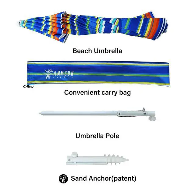 Alt view image 4 of 6 - 8 Feet Large Beach Umbrella with Sand Anchor Heavy Duty High Wind Portable Outdoor Umbrellas UV 50+ Protection Air Vent Tilt Patio Garden Pool
