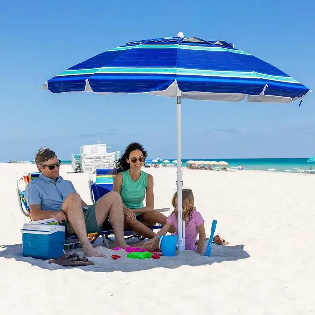 Alt view image 2 of 7 - 8 Feet Large Beach Umbrella with Sand Anchor Heavy Duty High Wind Portable Outdoor Umbrellas UV 50+ Protection Air Vent Tilt Patio Garden Pool