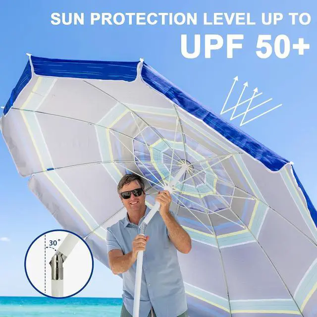 Alt view image 3 of 7 - 8 Feet Large Beach Umbrella with Sand Anchor Heavy Duty High Wind Portable Outdoor Umbrellas UV 50+ Protection Air Vent Tilt Patio Garden Pool