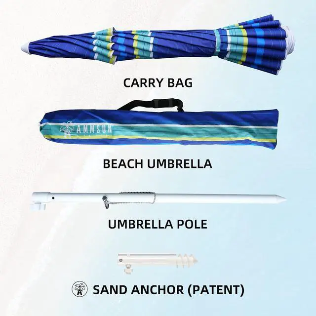 Alt view image 5 of 7 - 8 Feet Large Beach Umbrella with Sand Anchor Heavy Duty High Wind Portable Outdoor Umbrellas UV 50+ Protection Air Vent Tilt Patio Garden Pool