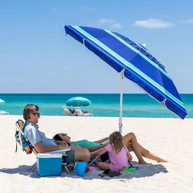 Alt view image 7 of 7 - 8 Feet Large Beach Umbrella with Sand Anchor Heavy Duty High Wind Portable Outdoor Umbrellas UV 50+ Protection Air Vent Tilt Patio Garden Pool