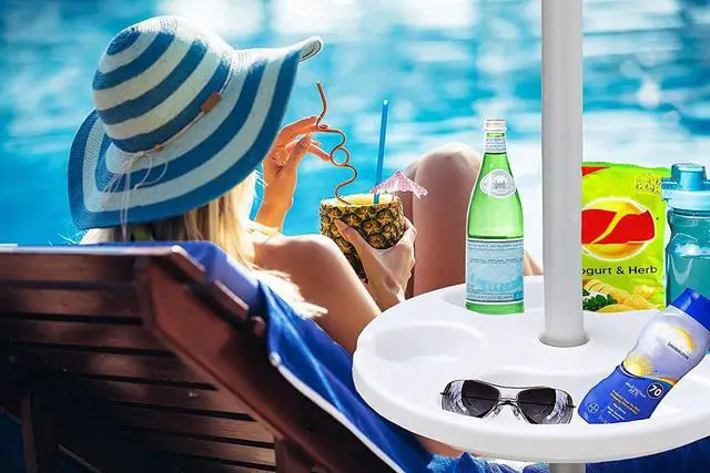 Alt view image 2 of 7 - 13" Beach Umbrella Table Tray for Beach, Patio, Garden, Swimming Pool with Cup Holders, Snack Compartments White