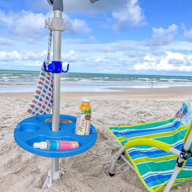 Alt view image 2 of 6 - 13" Beach Umbrella Table Tray for Beach, Patio, Garden, Swimming Pool with Cup Holders, Snack Compartments Blue