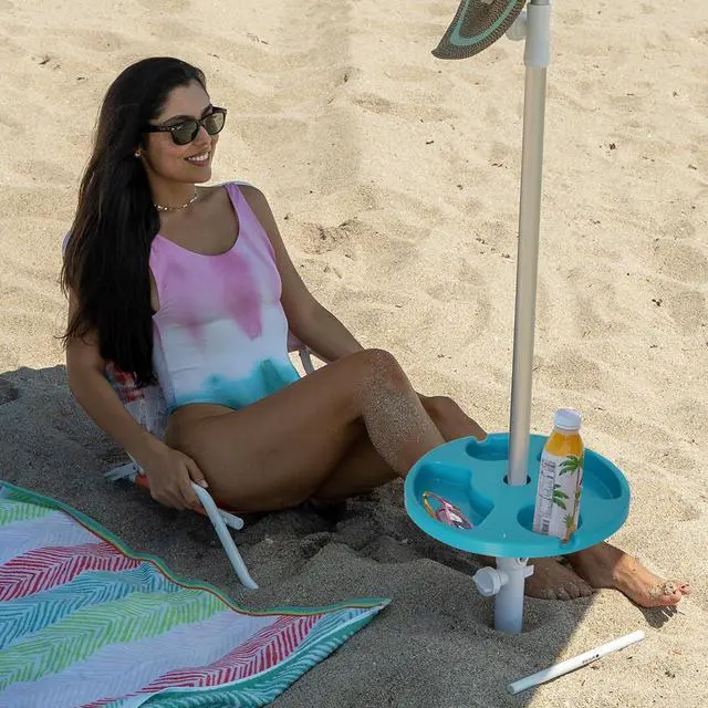 Alt view image 2 of 6 - 13" Beach Umbrella Table Tray for Beach, Patio, Garden, Swimming Pool with Cup Holders, Snack Compartments Teal