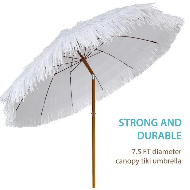 Alt view image 2 of 6 - 7.5ft Hula Thatched Tiki Patio Beach Umbrella Hawaiian Style 10 Ribs UPF 50+ with Tilt Carry Bag for Outdoor Tiki Bar, Tropical Palapa, Patio Garden Beach Pool Backyard White