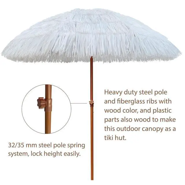 Alt view image 3 of 6 - 7.5ft Hula Thatched Tiki Patio Beach Umbrella Hawaiian Style 10 Ribs UPF 50+ with Tilt Carry Bag for Outdoor Tiki Bar, Tropical Palapa, Patio Garden Beach Pool Backyard White