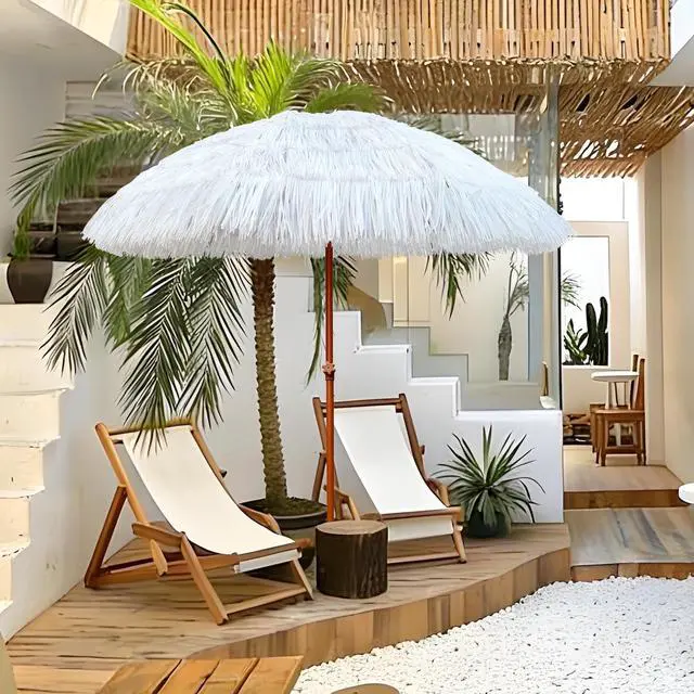 Alt view image 4 of 6 - 7.5ft Hula Thatched Tiki Patio Beach Umbrella Hawaiian Style 10 Ribs UPF 50+ with Tilt Carry Bag for Outdoor Tiki Bar, Tropical Palapa, Patio Garden Beach Pool Backyard White