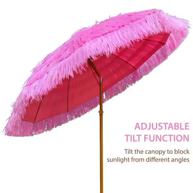 Alt view image 2 of 7 - 7.5ft Hula Thatched Tiki Patio Beach Umbrella Hawaiian Style 10 Ribs UPF 50+ with Tilt Carry Bag for Outdoor Tiki Bar, Tropical Palapa, Patio Garden Beach Pool Backyard Pink