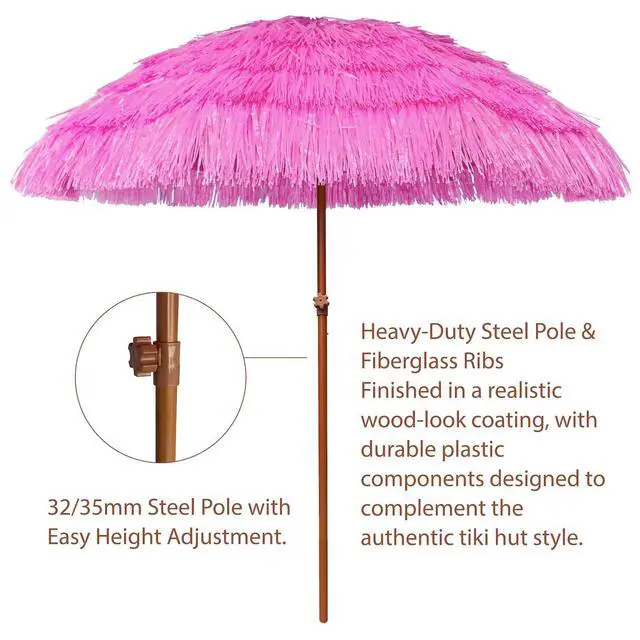 Alt view image 3 of 7 - 7.5ft Hula Thatched Tiki Patio Beach Umbrella Hawaiian Style 10 Ribs UPF 50+ with Tilt Carry Bag for Outdoor Tiki Bar, Tropical Palapa, Patio Garden Beach Pool Backyard Pink