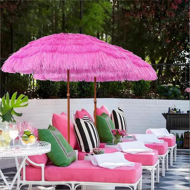 Alt view image 5 of 7 - 7.5ft Hula Thatched Tiki Patio Beach Umbrella Hawaiian Style 10 Ribs UPF 50+ with Tilt Carry Bag for Outdoor Tiki Bar, Tropical Palapa, Patio Garden Beach Pool Backyard Pink