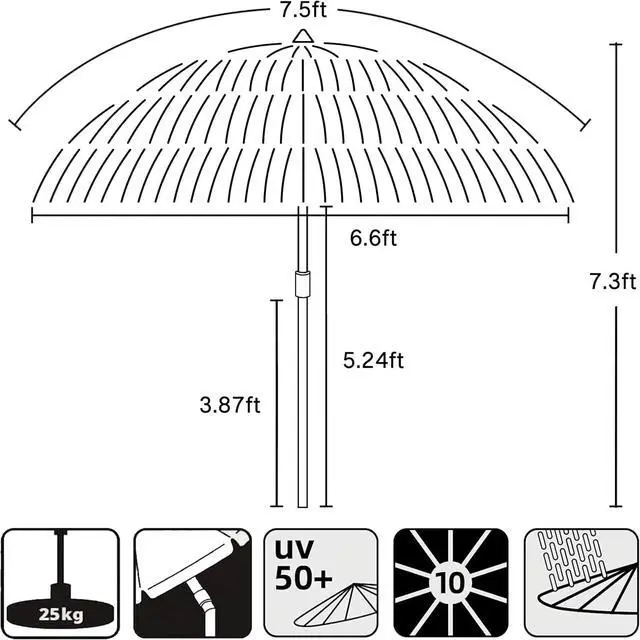 Alt view image 5 of 7 - 7.5ft Hula Thatched Tiki Patio Beach Umbrella Hawaiian Style 10 Ribs UPF 50+ with Tilt Carry Bag for Outdoor Tiki Bar, Tropical Palapa, Patio Garden Beach Pool Backyard Yellow