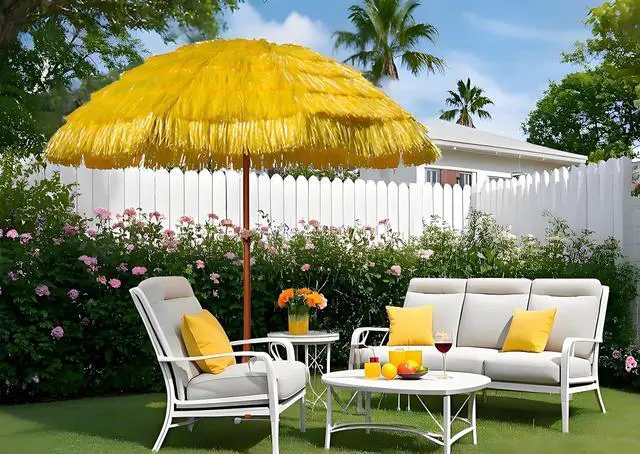 Alt view image 4 of 7 - 7.5ft Hula Thatched Tiki Patio Beach Umbrella Hawaiian Style 10 Ribs UPF 50+ with Tilt Carry Bag for Outdoor Tiki Bar, Tropical Palapa, Patio Garden Beach Pool Backyard Yellow