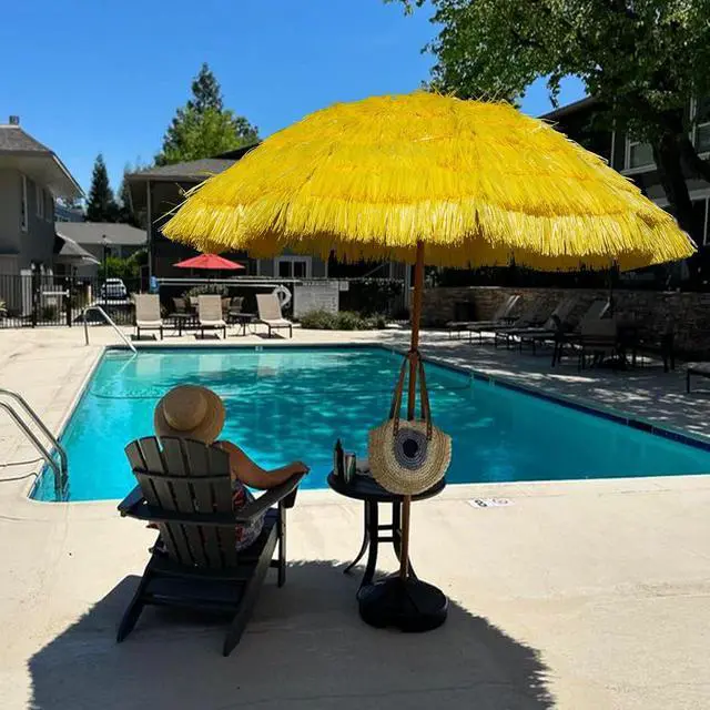 Alt view image 6 of 7 - 7.5ft Hula Thatched Tiki Patio Beach Umbrella Hawaiian Style 10 Ribs UPF 50+ with Tilt Carry Bag for Outdoor Tiki Bar, Tropical Palapa, Patio Garden Beach Pool Backyard Yellow