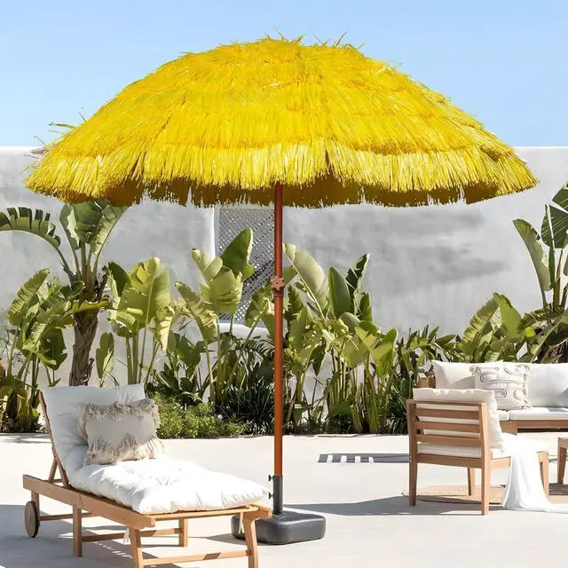 Alt view image 7 of 7 - 7.5ft Hula Thatched Tiki Patio Beach Umbrella Hawaiian Style 10 Ribs UPF 50+ with Tilt Carry Bag for Outdoor Tiki Bar, Tropical Palapa, Patio Garden Beach Pool Backyard Yellow