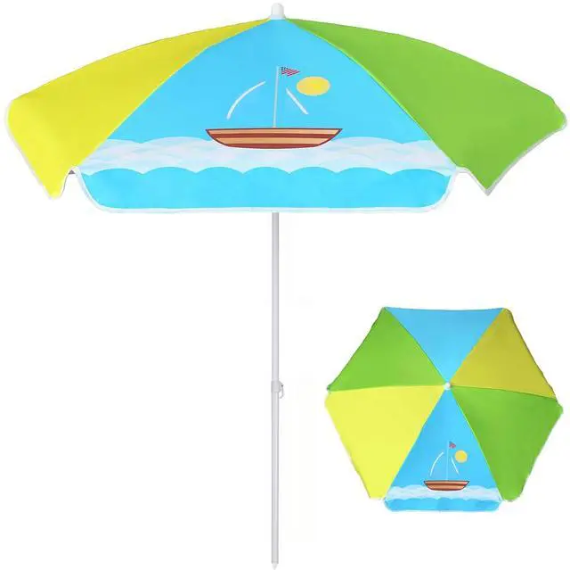 Main image of 5ft Seaside Umbrella for Sand Box Water Table - Kids Durable Umbrellas for children Picnic Beach Camping Garden Outdoor Play Shade (5ft Green Yellow Boat)