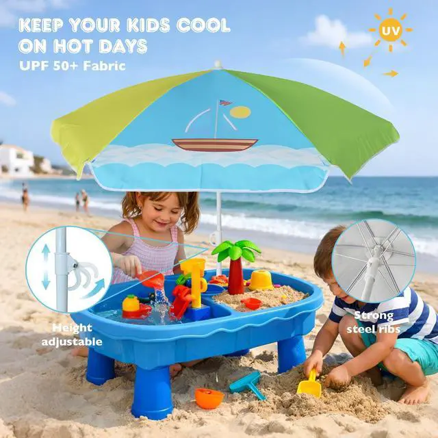 Alt view image 4 of 7 - 5ft Seaside Umbrella for Sand Box Water Table - Kids Durable Umbrellas for children Picnic Beach Camping Garden Outdoor Play Shade (5ft Green Yellow Boat)