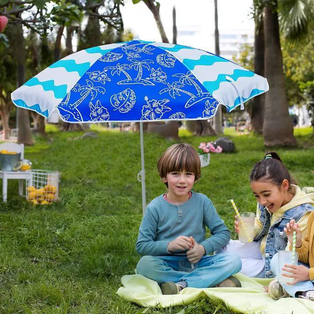 Alt view image 5 of 6 - 5ft Seaside Umbrella for Sand and Water Table - Kids Durable Umbrellas for children Beach Camping Garden Outdoor Play Shade Blue Coconut Tree