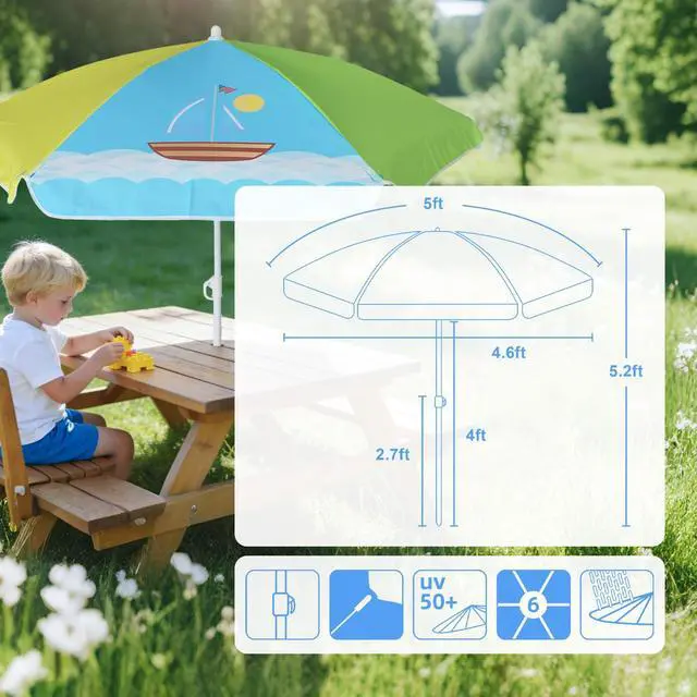 Alt view image 6 of 7 - 5ft Seaside Umbrella for Sand Box Water Table - Kids Durable Umbrellas for children Picnic Beach Camping Garden Outdoor Play Shade (5ft Green Yellow Boat)
