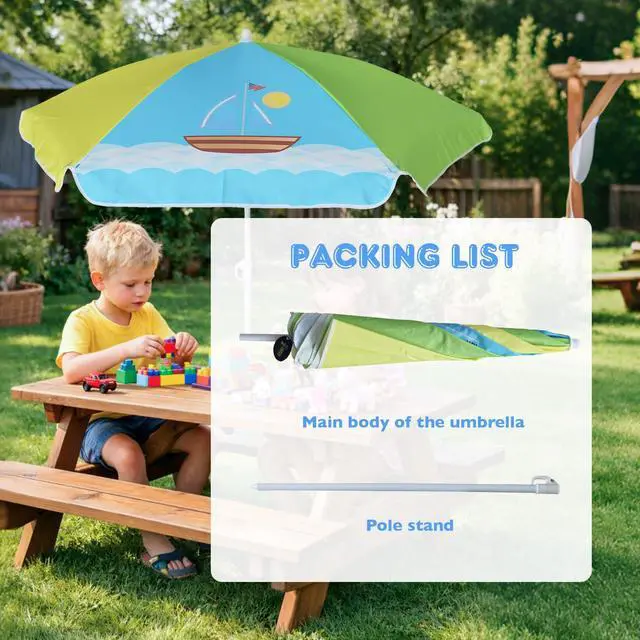 Alt view image 7 of 7 - 5ft Seaside Umbrella for Sand Box Water Table - Kids Durable Umbrellas for children Picnic Beach Camping Garden Outdoor Play Shade (5ft Green Yellow Boat)
