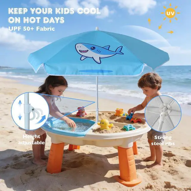 Alt view image 4 of 7 - 5ft Seaside Umbrella for Sand Box Water Table - Kids Durable Umbrellas for children Picnic Beach Camping Garden Outdoor Play Shade (5ft Light Blue Shark)