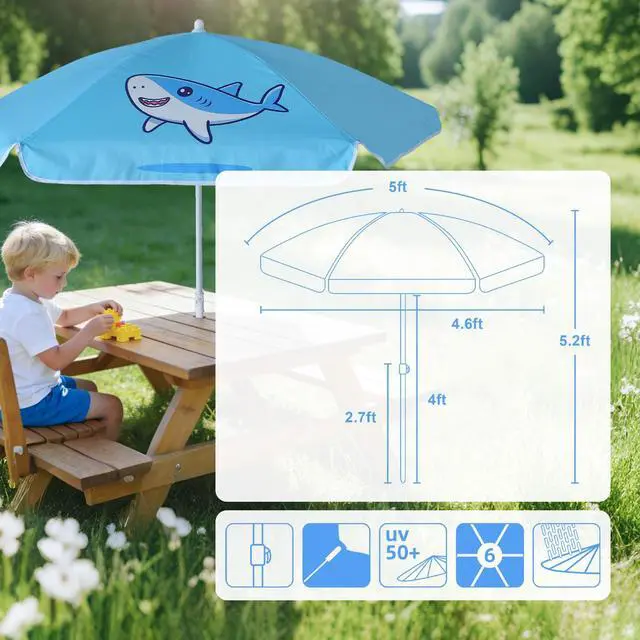 Alt view image 6 of 7 - 5ft Seaside Umbrella for Sand Box Water Table - Kids Durable Umbrellas for children Picnic Beach Camping Garden Outdoor Play Shade (5ft Light Blue Shark)
