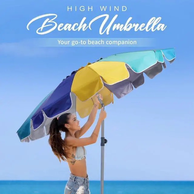 Alt view image 3 of 7 - 7.5ft Heavy Duty HIGH Wind Beach Umbrella with sand anchor Vent Tilt Portable Sun Shelter, UV 50+ Protection Outdoor Sunshade Umbrellas Carry Bag for Patio Garden Pool Backyard Multicolor Blue