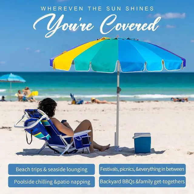 Alt view image 2 of 7 - 7.5ft Heavy Duty HIGH Wind Beach Umbrella with sand anchor Vent Tilt Portable Sun Shelter, UV 50+ Protection Outdoor Sunshade Umbrellas Carry Bag for Patio Garden Pool Backyard Multicolor Blue