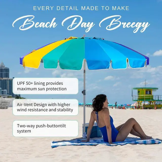 Alt view image 4 of 7 - 7.5ft Heavy Duty HIGH Wind Beach Umbrella with sand anchor Vent Tilt Portable Sun Shelter, UV 50+ Protection Outdoor Sunshade Umbrellas Carry Bag for Patio Garden Pool Backyard Multicolor Blue