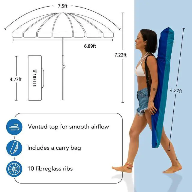 Alt view image 5 of 7 - 7.5ft Heavy Duty HIGH Wind Beach Umbrella with sand anchor Vent Tilt Portable Sun Shelter, UV 50+ Protection Outdoor Sunshade Umbrellas Carry Bag for Patio Garden Pool Backyard Multicolor Blue