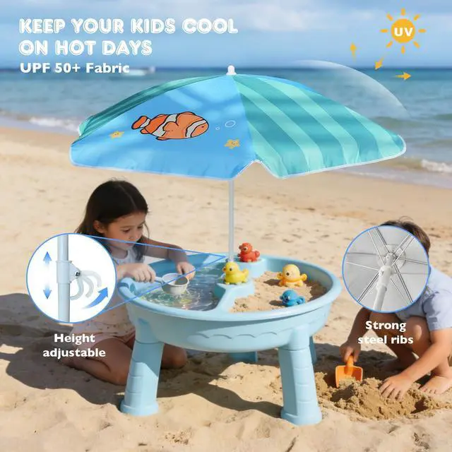 Alt view image 4 of 7 - 5ft Seaside Umbrella for Sand Box Water Table - Kids Durable Umbrellas for children Picnic Beach Camping Garden Outdoor Play Shade Green Clownfish