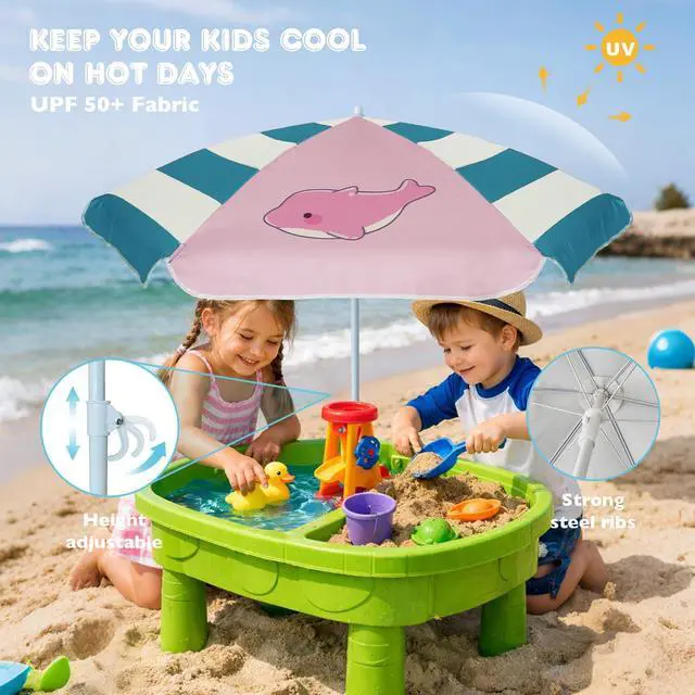 Alt view image 4 of 7 - 5ft Seaside Umbrella for Sand Box Water Table - Kids Durable Umbrellas for children Picnic Beach Camping Garden Outdoor Play Shade Pink Dolphin