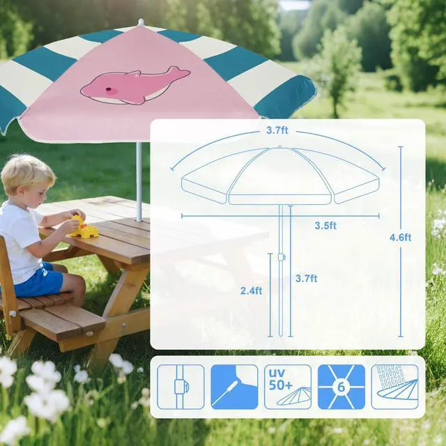 Alt view image 6 of 7 - 5ft Seaside Umbrella for Sand Box Water Table - Kids Durable Umbrellas for children Picnic Beach Camping Garden Outdoor Play Shade Pink Dolphin