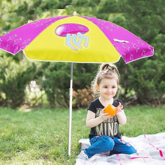 Alt view image 4 of 6 - 5ft Seaside Umbrella for Sand Box Water Table Picnic Table - Kids Durable Umbrellas for children Beach Camping Garden Outdoor Play Shade Pink Yellow Jellyfish